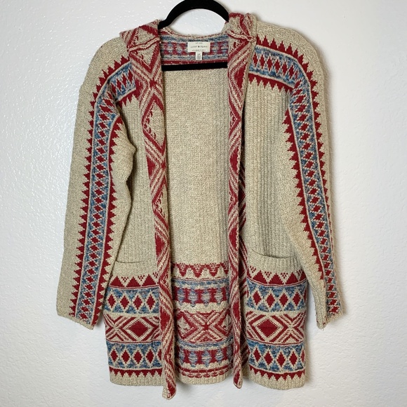 Lucky Brand Sweaters - Lucky Brand Aztec Tribal Open Front Hooded Cardigan Size Small Pockets Boho
